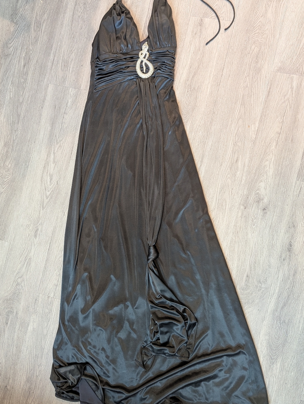 Night Way Collections Black Halter Maxi Dress with Rhinestone Detail